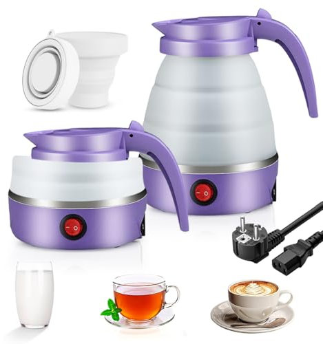 Faltbarer Wasserkessel, 0.6L Camping Tragbarer Wasserkocher mit 2 Faltbaren Becher, Elektrischer Silikon Wasserkocher mit 304 Edelstahlboden Silikon Reisewasserkocher für Camping, Reise, Outdoor(Lila)