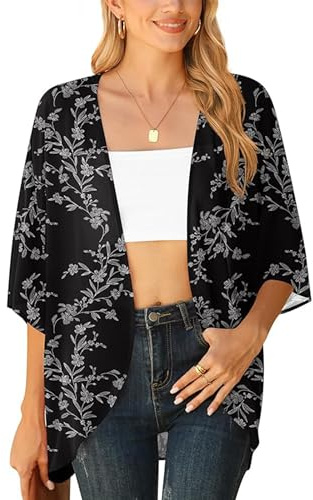 YGJIEGENG Boho Tops for Women Summer Women's Floral Print Sheer Chiffon Kimono Cardigan Open-Front Batwing Sleeve Beach Bikini Cover Up Cape,Black Leaves, M