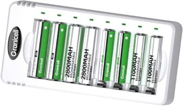Granicell Rechargeable Batteries with Charger, 8-Bay Smart Charger, Individual Slots, 4 AA 2800mAh and 4 AAA 1100mAh Low Self-Discharge NiMH Batteries