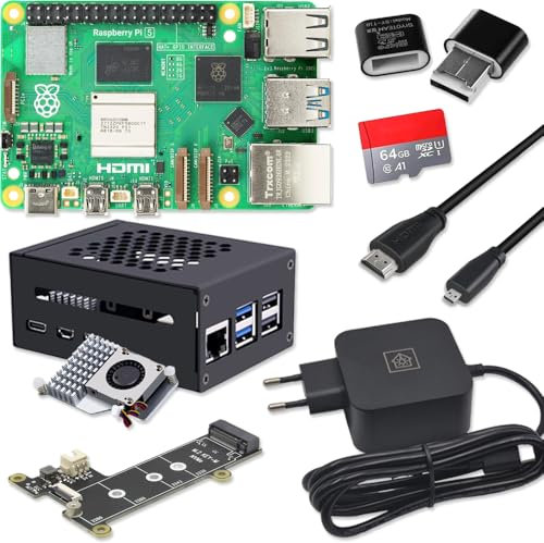 Raspberry Pi 5 4GB PCIe M.2 NVMe - Kit | Metallgehäuse | Active Cooler | M.2 NVMe SSD PCIe Board | USB-C 27W Netzteil | 64GB SD Karte | 4K Micro HDMI Kabel