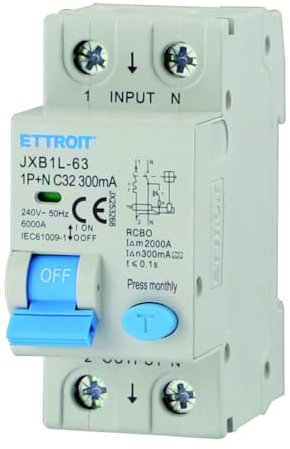 Interruttore magnetotermico differenziale salvavita, 1P+N, occupa 2 moduli DIN, 220V 230V, 32A C32, 300mA, 6KA 6000A, RCBO, classe A