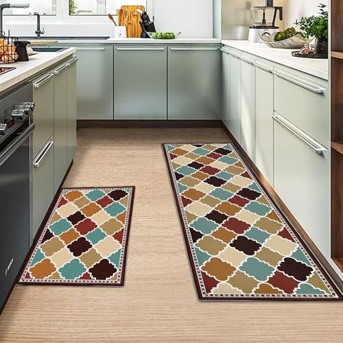 MIQEBX Kitchen Rug 2 Piece Set,Non-Slip Absorbent and Washable Runner Rug,Geometric Kitchen Floor Mat for Kitchen, Home, Office, Sink, Laundry (D, 43x150cm+43x75cm)