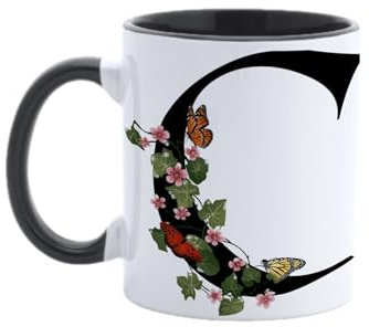Paolo Chiari Tazza in Ceramica Personalizzata con Lettera, Motivo Floreale con Farfalle e Manico Nero, Made in Italy, 300 ml (C)