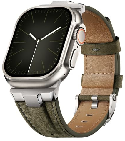 Suitisbest Genuine Leather Band Compatible for Apple Watch Ultra 2 Straps 49mm 46mm 45mm 44mm 42mm, Rugged Metal Connector Strap for Women Men iWatch SE Ultra 10 9 8 7 6 5 4 3 2 1,Green