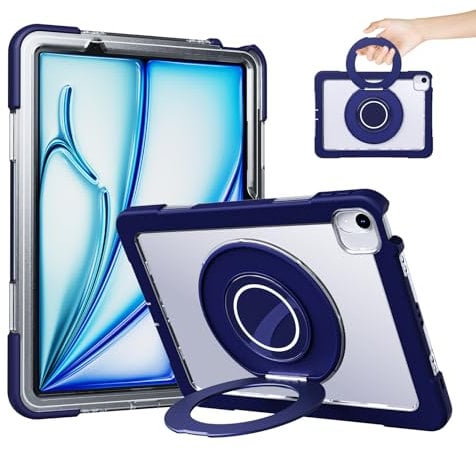 ROSROME Case for iPad Air 11-inch M3 2025/M2 2024 with HD Screen Protector, 360°Rotating Metal Stand, Heavy Duty Shockproof Protective Tablet Case Translucent Matte Back Kids Cover, Navy Blue
