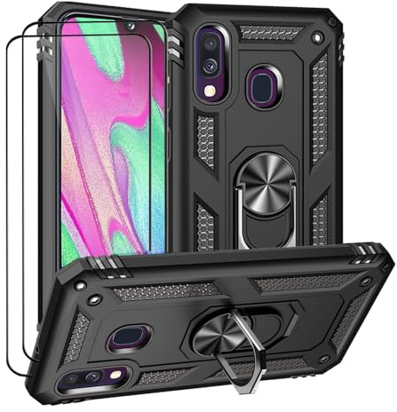Hülle für Samsung Galaxy A40 HandyHülle mit 2 Stück Displayschutzfolie,Galaxy A40 Cover mit 360 Grad Ringhalter Ständer Militär Case A40 4G Tasche Schutzhülle für Samsung A40 Handytasche (Schwarz)