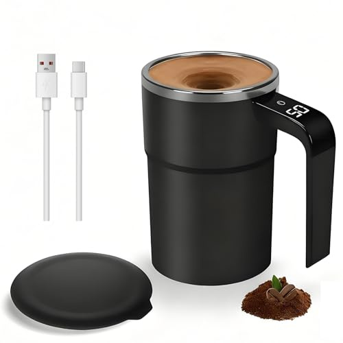 Selbstrührende Tasse, 380ml Elektrischer Automatische Magnetische Kaffeetasse mit Temperaturanzeige, Selbstrührende Kaffeebecher Thermobecher aus Edelstahl für Kaffee Kakao Tee Saft Milch (Schwarz)