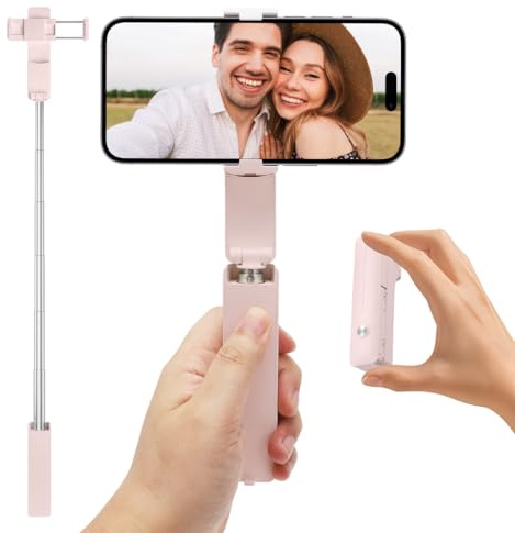 MIUUIPI Ausziehbarer Mini-Selfie-Stick, Tragbarer Selfie-Stick im Taschenformat Kompakter Handyhalterung Stand mit Telefonhalter, mit Fernbedienung für Vlog/Videoaufzeichnung/Live-Streaming (Rosa)