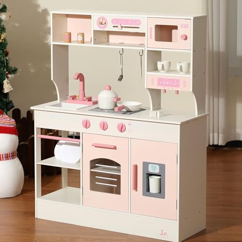 SainSmart Jr. Kinderküche Holz Spielküche für Kinder, Rosa – mit Licht & Sound, Eiswürfelspender, Mikrowelle, Backofen & Spüle, große Kinder Küche mit Zubehör, Rollenspiel ab 3 Jahren