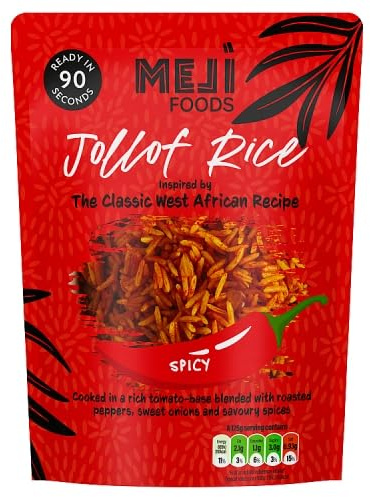 MEJI Foods Jollof Rice SPICY flavour – Instant Microwave Rice Ready in 90 Seconds – Box of 4 x 250g – Authentic West African Recipe – Vegetarian friendly (4 pack)