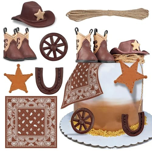 YushengTai Cowboy Kuchendekoration Set - Western Cake Topper mit Hut, Stiefeln & Pferdeschmuck - Ideal für Cowboy-Party, Geburtstag & Baby-Shower - Detaillierte Tortendeko für Western-Thema
