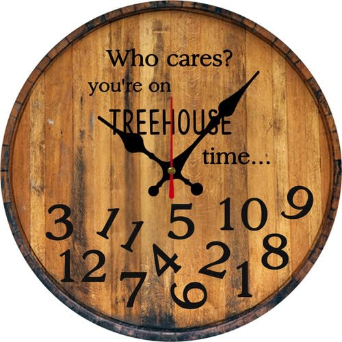 Vdenvileye Funny Treehouse Clock Rustic Clock Farmhouse Wood Decor - Who Cares Youre On Treehouse Time Silent Clocks 25x25 CM Non Ticking Battery Operated Man Cave Garage Kitchen Decor