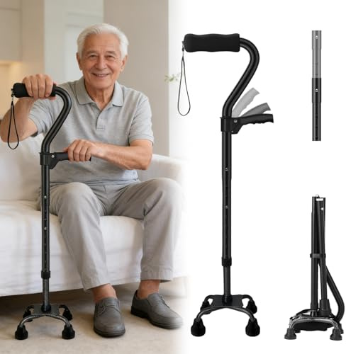 Gehstock mit 4-Punkt-Standfuß für Damen & Herren, höhenverstellbarer Quad-Gehstock mit Doppelgriff, klappbar & selbststehend, leichte stabile Gehhilfe für Senioren, Balance & Rehabilitation