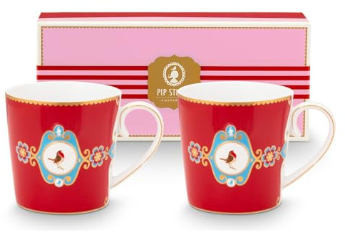 Pip Studio Love Birds Medallion Red Henkelbecher Large 0,25l Set2