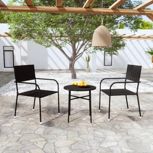 Kaloriko 3-TLG. Garten-Essgruppe Poly Rattan Schwarz, Stapelstühle für Terrasse & Balkon, Wetterfestes Outdoor-Möbelset mit Tisch & 2 Stühlen, Pulverbeschichteter Stahlrahmen