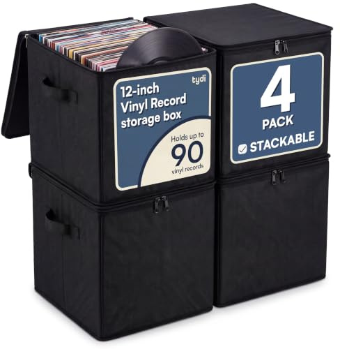 Tydi Vinyl Record Storage Box 4 Pack, Holds 90 x 12 Inch LPs | Zip Closure · Collapsible Crate · for Home Use