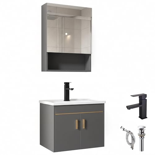 YINXSLO Mobile Bagno Sospeso 50cm con Lavabo e Specchio a Armadietto | Mobiletto Bagno Salvaspazio Moderno con Lavabo in Ceramica con Rubinetto e Scarico, Set di Mobili da Bagno per Bagno