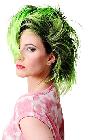 WIG ME UP - PW0078-1-P103PC15 Perücke Faschingsperücke Karneval Punk Glam Vamp Mohawk Iro Auftoupiert Schwarz Neon Grün