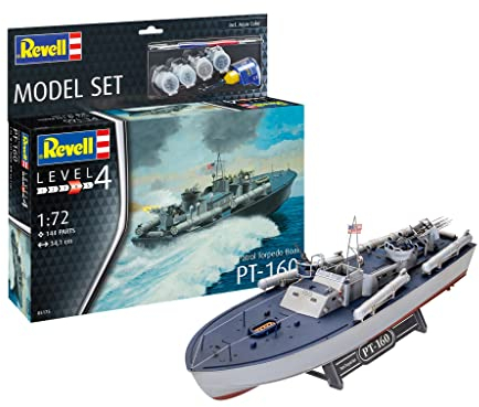 Revell Model Set 65175 Patrol Torpedo Boat PT-160 1:72 Scale Unbuilt/Unpainted Plastic Model Kit with Contacta Professional Glue, Paintbrush & Selected Aqua Color Paints