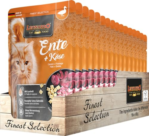 LEONARDO Frischebeutel [16x85g Ente + Käse] | Getreidefreies Nassfutter für Katzen | Feuchtfutter Alleinfutter im Einzelportionsbeutel