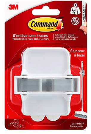 Command 17007 Soporte para Escoba, hasta 1,8 kg de Carga, 1 Gancho y 2 Tiras, Rojo, Standard