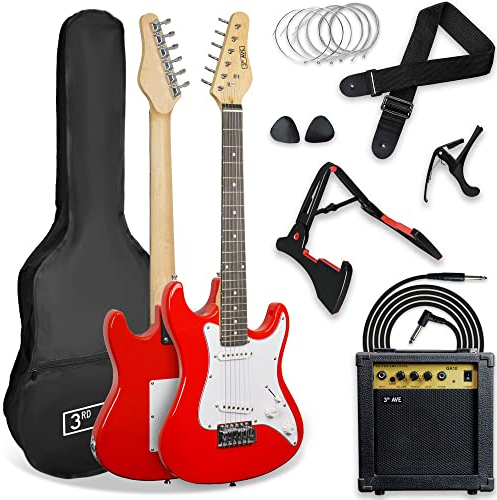 3rd Avenue XF 3/4 Size E-Gitarre Ultimate Kit Mit 10-W-Verstärker, Digitalem Stimmgerät, Kabel, Ständer, Gigbag, Gurt, Ersatzsaiten, Plektren, Kapodaster - Rot