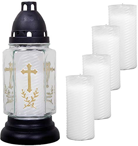 HS Candle Grableuchte aus Glas (24cm) mit Kreuz inkl. 5 Nachfüllkerzen - Design Buena weiß