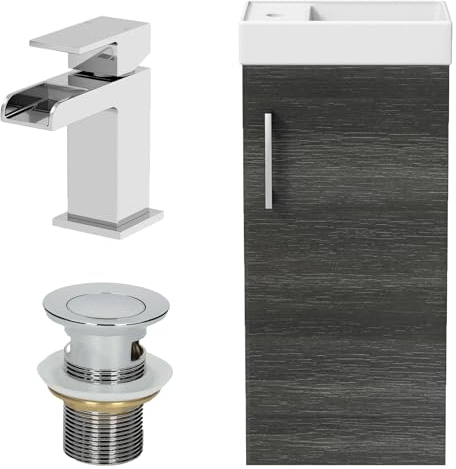 AURORA® 400mm Bathroom Vanity Unit Ceramic Wash Sink Floorstanding Storage Cabinet Reversible Soft Close Cupboard & Chrome Waterfall Basin Mixer Tap & Waste Set, Charcoal Grey