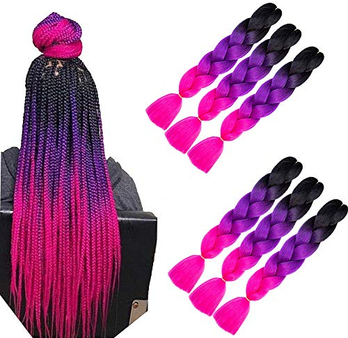 Braiding Hair Extensions Lila 6 Stücke Kunsthaar Zöpfe Soft Yaki Textur Jumbo Braids Haare Zum Einflechten (Schwarz Bis Lila Bis Rose)