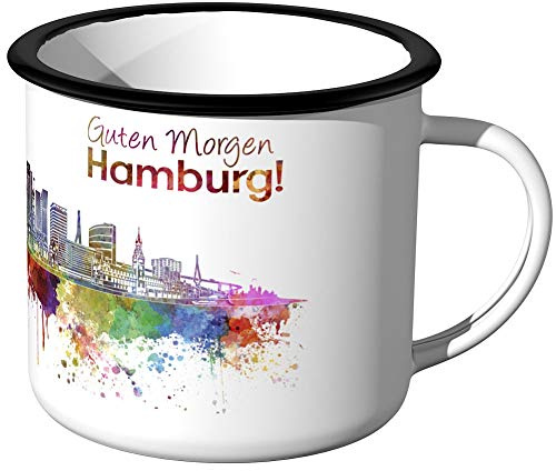 JUNIWORDS Emaille-Tasse, Guten Morgen Hamburg, Skyline Aquarell, Silberner Tassenrand