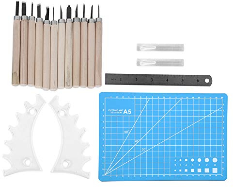 Holz Schnitzwerkzeug Set, 12 Stück professionelles Holz Schnitzmesser aus Manganstahl + 1 x Halterung D1 + 1 x Strichzeichnungsbrett +1 x Lineal, für holz, Obst, Gemüse, Skulptur und Wax