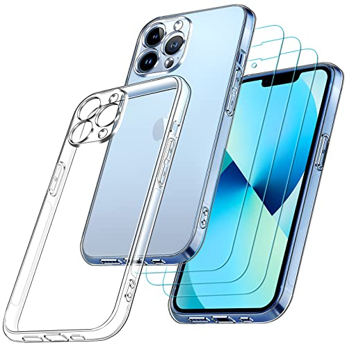 ivoler Case Compatible with iPhone 13 Pro Max 6.7 Inch, with 3 Units Tempered Glass Screen Protector, Transparent Soft TPU Silicone Protective Phone Clear Cover