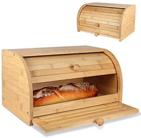 Fishtec Boîte à Pain en Bambou avec Planche à Découper Intégrée - Récupération des Miettes - Caisse à Pain - Panier à Pain - Porte Coulissante - Idéal pour Conserver Votre Pain - 37 x 23 x 19,7 cm