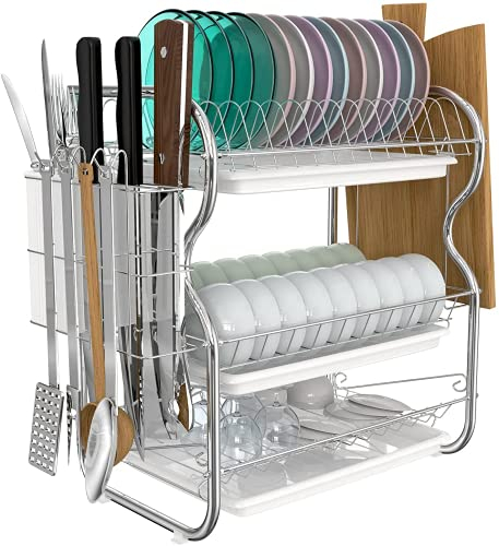 Estante de secado de platos, estante de 3 niveles para platos de cocina, escurridor de acero inoxidable, organizador para lavaplatos, ahorro de espacio, mostrador de almacenamiento