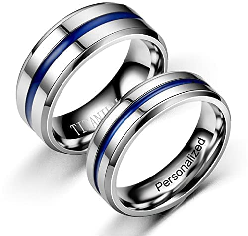 Ihanskio Personalisierte Ring für Paar Unisex Holz Inlay Männer Ringe Innen Können Eingraviert Individuelles Versprechen Hochzeit Engagement Ringe Schwarz Titan stahl 8MM 6-13# (Blue-8mm/6mm, 1 PAIR)
