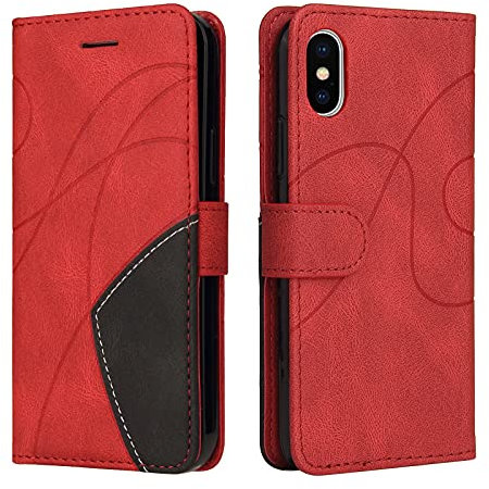 Fatcatparadise Coque pour iPhone XS/iPhone X (5,8 Pouces), Etui en Cuir PU Portefeuille Housse Magnétique und Flip Protection Case avec Antichoc TPU, Etui à Rabat, Fentes pour Cartes (Rouge)