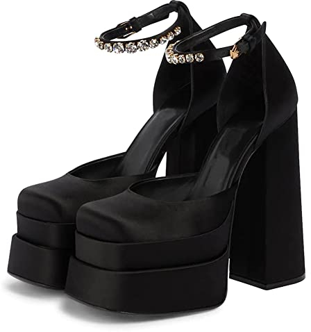 LIPIJIXI Damens Plateau Chunky High Block Heels Knöchelriemchen Schnalles Wedge Dress Pumps Silk Satin Square Toe Hot High Heel Mode Schuhe Black Size 38
