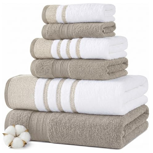 Modern Threads 6-Piece Towel Set – 100% Cotton, Quick Dry, Ultra Absorbent – Includes 2 Bath, 2 Hand, 2 Washcloths (White/Reinhart Tan)