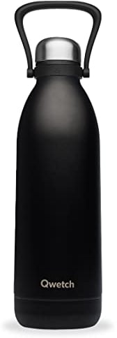 Qwetch - Grande Bouteille Isotherme - Noir 1,5L - 48h Froid et 16h Chaud - Etanche & Sans BPA - Gourde Inox avec Poignée de Portage - Thermos isotherme pour Pique-nique, Camping, Famille