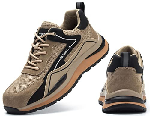 IYVW 7615 Scarpe Antinfortunistiche Uomo Donna Scarpe da Lavoro con Punta in Acciaio Leggera Scarpe Protettive Sportive Traspiranti Scarpe da Cantiere Sneaker Beige 42 EU