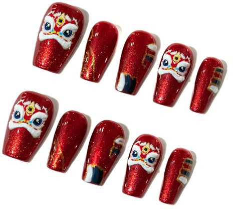 Sun&Beam Nails Handmade Press On Nail Long Coffin Ballerina Red Lion Acrylic Fake Tip 3D Design Art Charms Cute with Storage Box 10 Pcs (#016 L)
