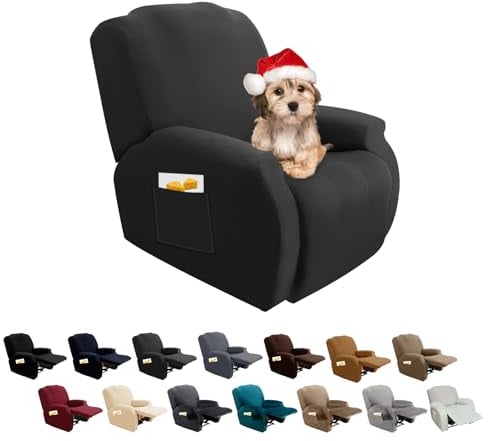 FIGOOO Stretchhusse für Relaxsessel 4-Teilig Mit Seitentasche - Elastischer, Waschbarer Sesselbezug - Sesselschoner für Husse, Dunkelgrau