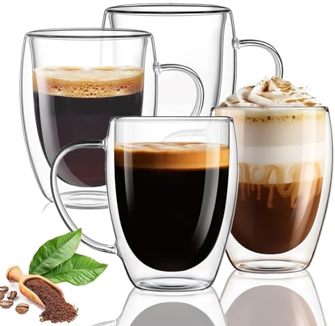 4 Pack Double Walled Glass Coffee Cups, Clear Coffee Mugs, Cappuccino Macchiato Glasses Cups, 350ML Insulated Latte Glasses Mugs with Handles, for Milk, Tea Bag, Juice, Ice Cream,Espresso