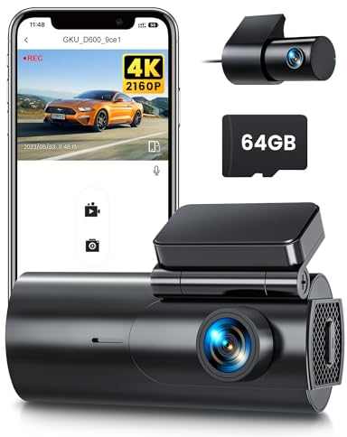 GKU Dash Cam Auto 4K+1080P, 5GHz WiFi Telecamera per Auto con Scheda SD 64G, Dashcam Auto 170° Grandangolo,Super Visione Notturna,WDR,G-Sensor,24H Monitor di Parcheggio,Registrazione in Loop,Max 256G