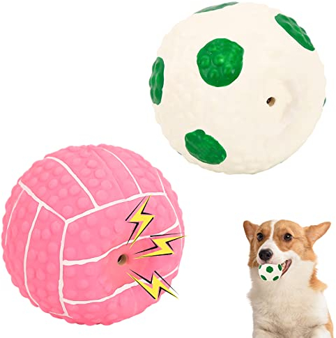 Jodsen 2 Stück Latex Gummi Hund Quietsche Spielzeug,Quietschende Hundebälle,Weiche Bouncy Fetch Bälle,Football Chew Hundeball für Mittlere Kleine Haustiere Interaktives Spielen