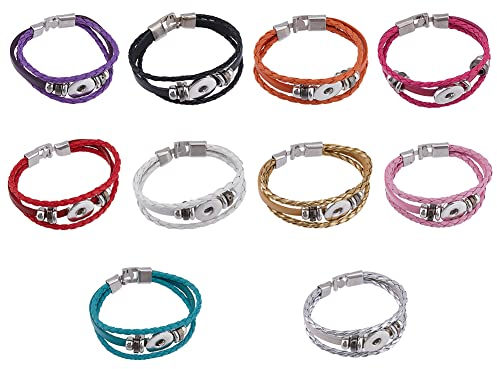 SUPERFINDINGS 10 Stück 10 Farben Legierung Druckknopf Armband Armreif Kunstleder Geflochtene Armbänder Mit Austauschbaren PU Geflecht Druckknopf Armbänder