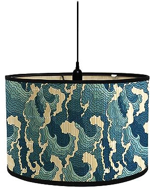 FANSU Abat-Jour en Bambou Classique Style Japonais Tambour Abat-jour, Remplacement Abat, Jour Fait à la Main, pour Lampe de Table, Suspension, Lampe de Chevet, Lampadaire (vagues bleues)