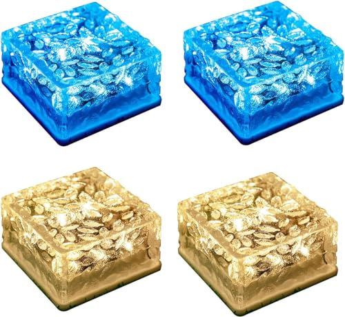 LQWELL® Solar Brick Light Solarlicht Deko Außen, Solar Glas Pflastersteine, Solarlampen Wegbeleuchtung Würfel Licht Eissteinleuchte, Wasserdicht (Warmweiß & Blau)