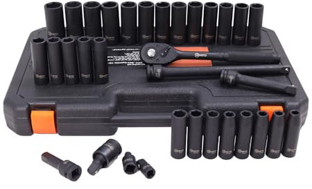 HOYETO 1/2-Inch Deep Impact Socket Set, 33 Pc, 6 Point SAE/Metric, Chrome Vanadium Steel