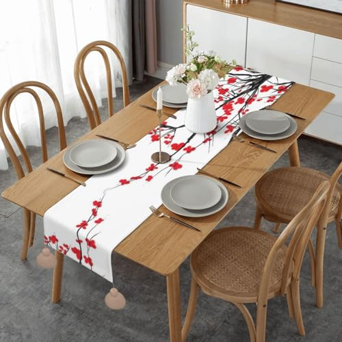 Tischläufer mit japanischem Kirschbaum-Druck, künstlicher Jute, Tischläufer, Erntedankfest, Küche, Esstisch, Dekoration für drinnen und draußen, Zuhause, Party, 36 x 152 cm